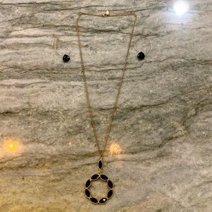 Black glass faceted stone pendant necklace on gold chain